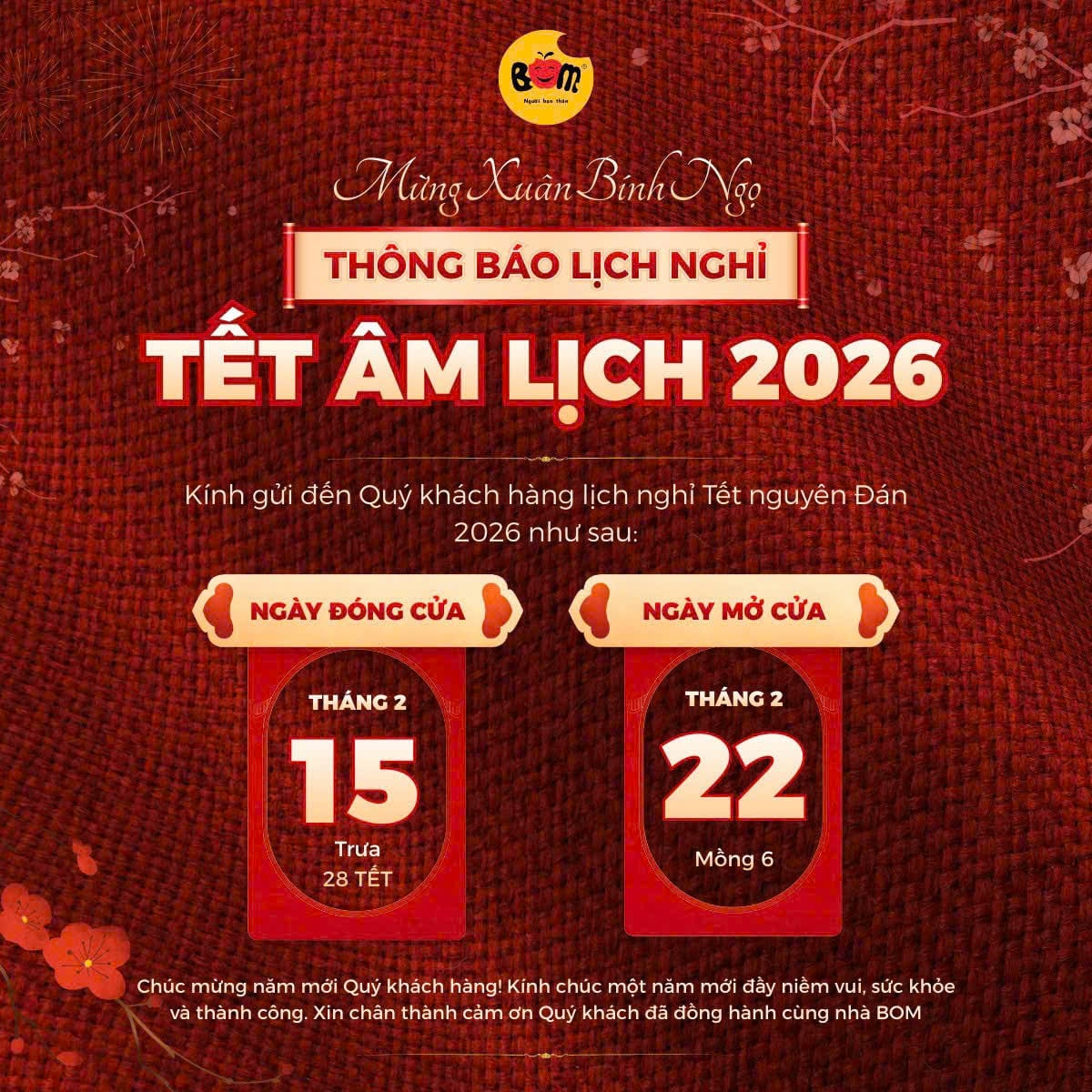 THÔNG BÁO LỊCH NGHỈ TẾT & LỜI CHÚC NĂM MỚI